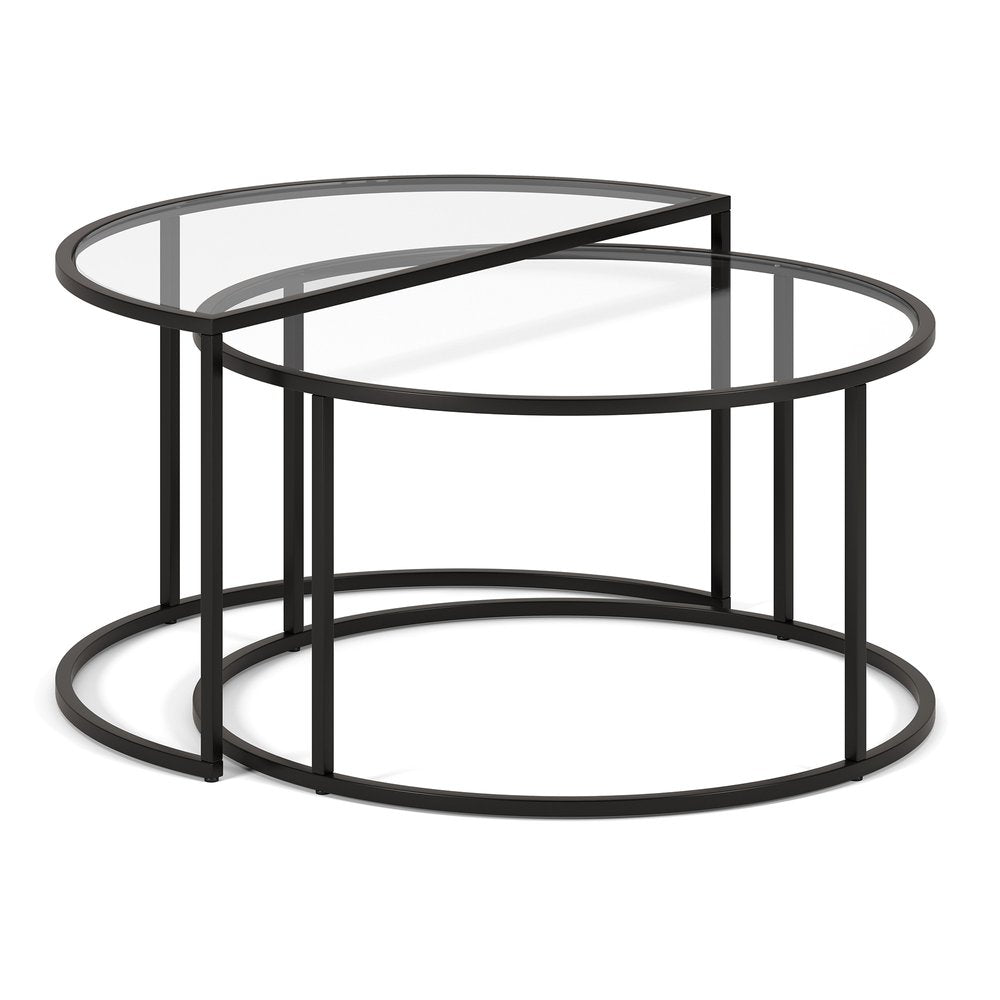 Set of Two Black Glass And Steel Half Circle Frame Nested Coffee Tables