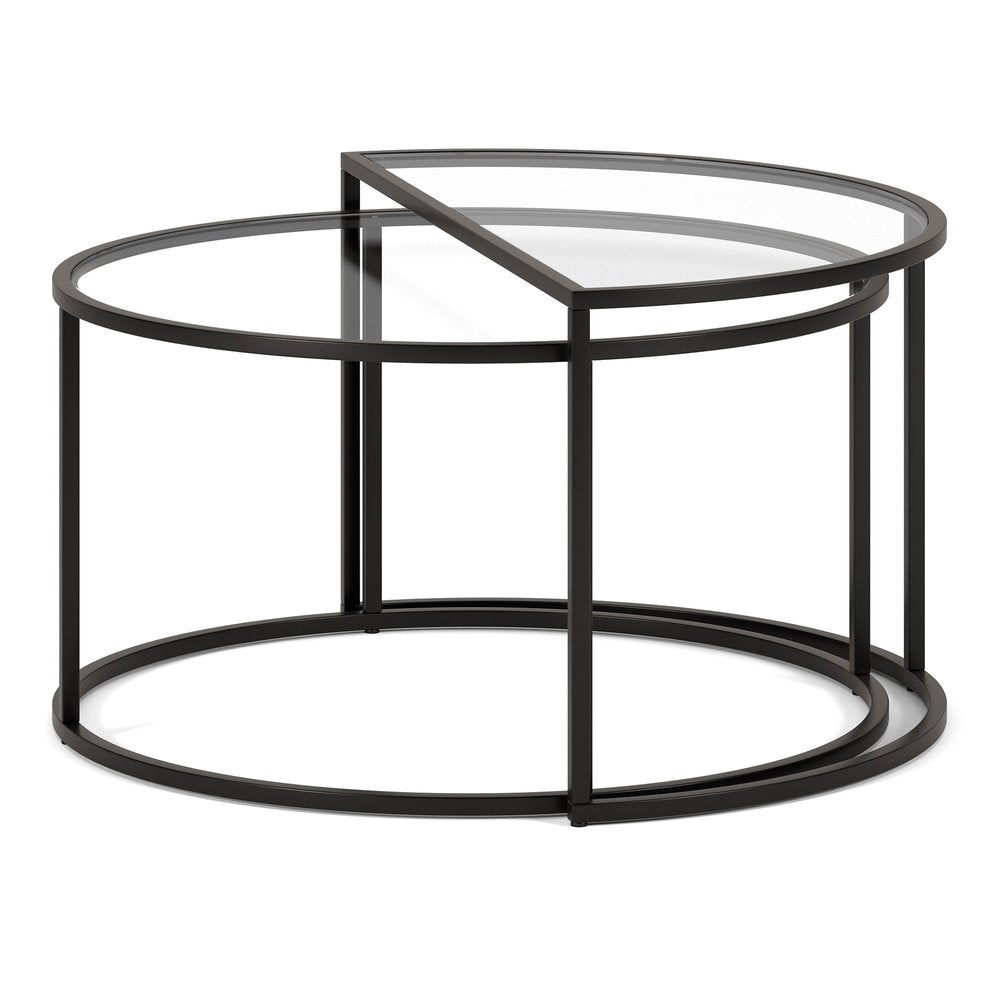 Set of Two Black Glass And Steel Half Circle Frame Nested Coffee Tables