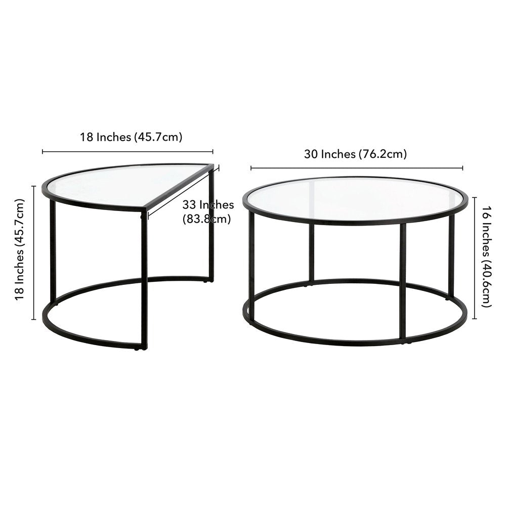 Set of Two Black Glass And Steel Half Circle Frame Nested Coffee Tables