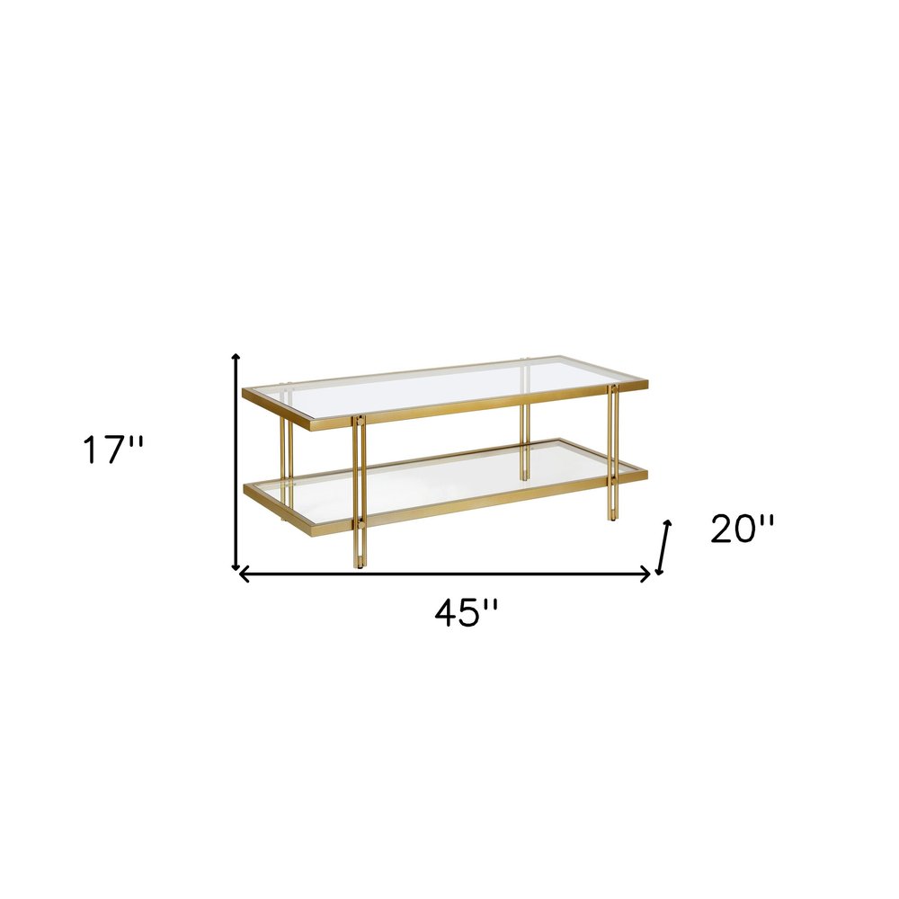 45" Gold Glass And Steel Coffee Table With Shelf