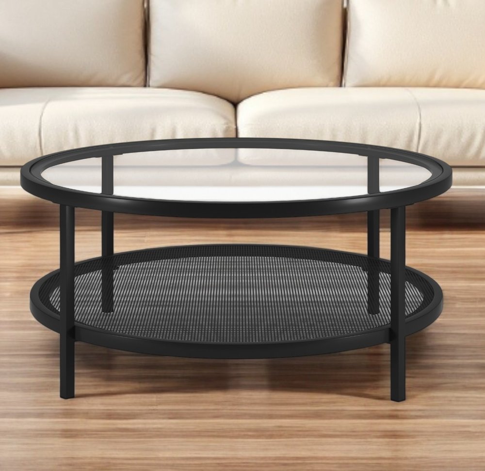 36" Black Glass And Steel Round Coffee Table With Shelf
