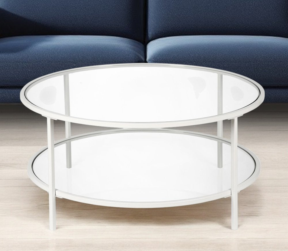 36" White Glass And Steel Round Coffee Table With Shelf