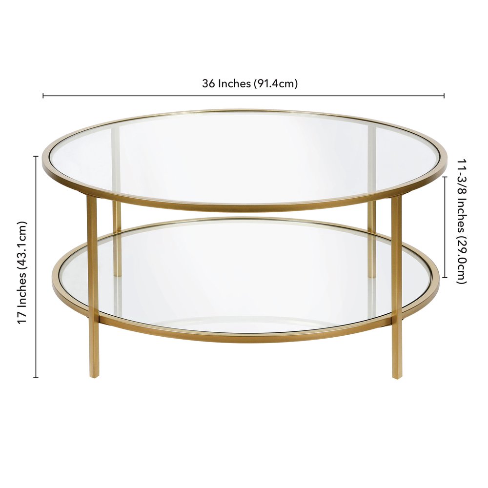 36" Gold Glass And Steel Round Coffee Table With Shelf