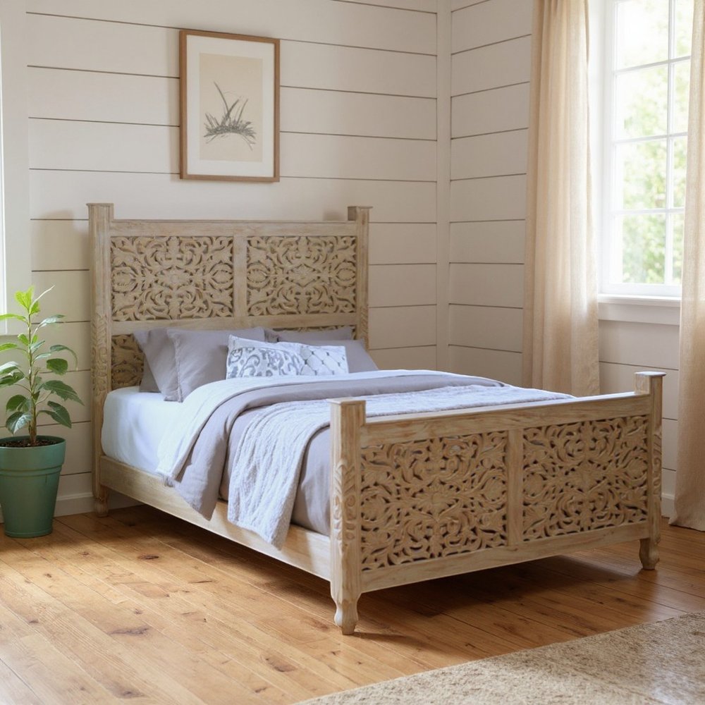 White Carved Floral Distressed Solid Wood Queen Bed Frame