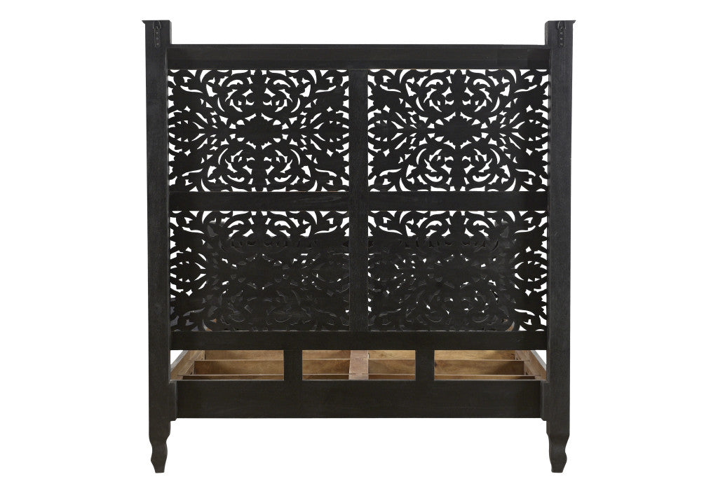 Black Carved Floral Distressed Solid Wood Queen Bed Frame