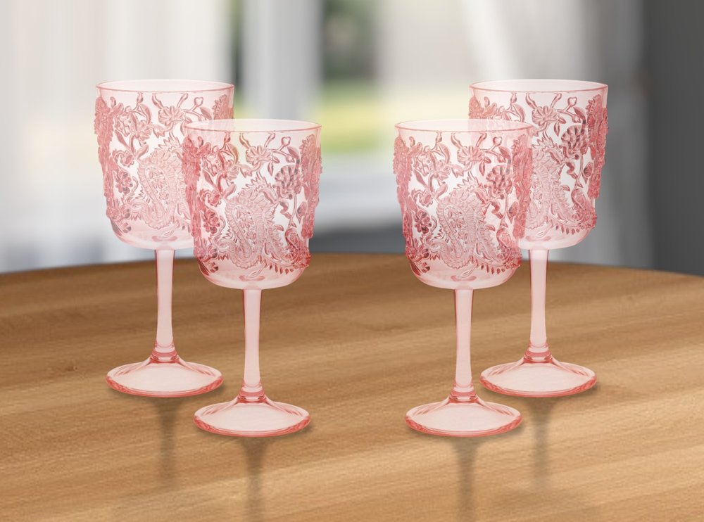 Set of Four Pink Paisley Acrylic Stemmed All Purpose Wine Glass