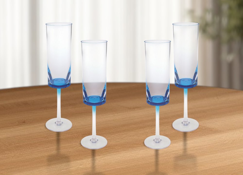 Set of Four Clear and Blue Acrylic Stemmed Flutes