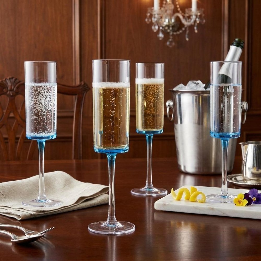 Set of Four Clear And Blue Acrylic Round Bowl Stemmed Flute