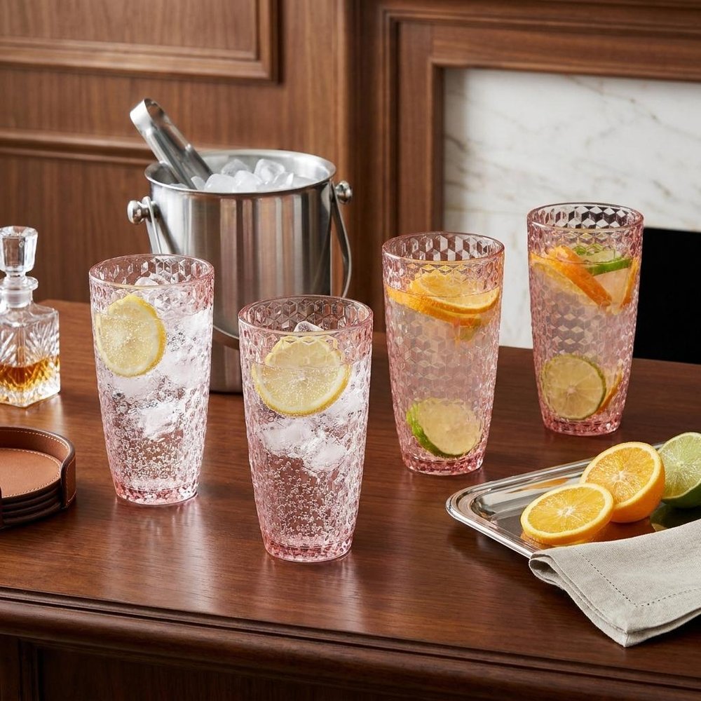 Set of Four Pink Acrylic Stemless Highball Glass