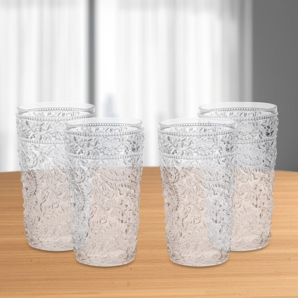 Set of Four Clear Paisley Acrylic Stemless Highball Glass