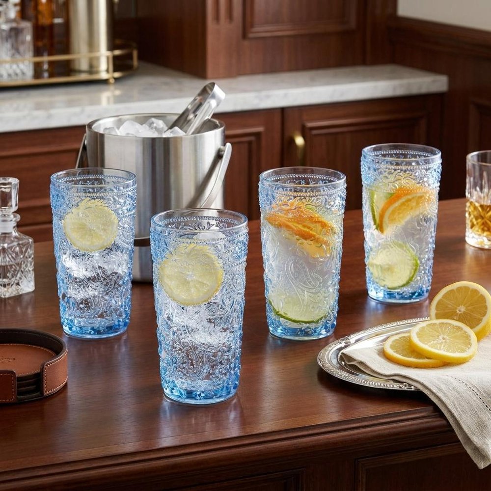 Set of Four Blue Acrylic Stemless Highball Glass