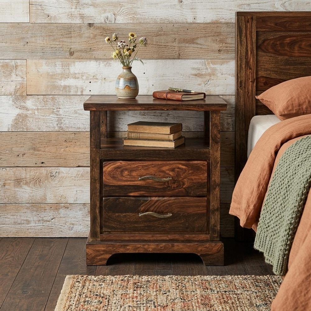 27" Dark Brown Solid Wood Two Drawer Nightstand