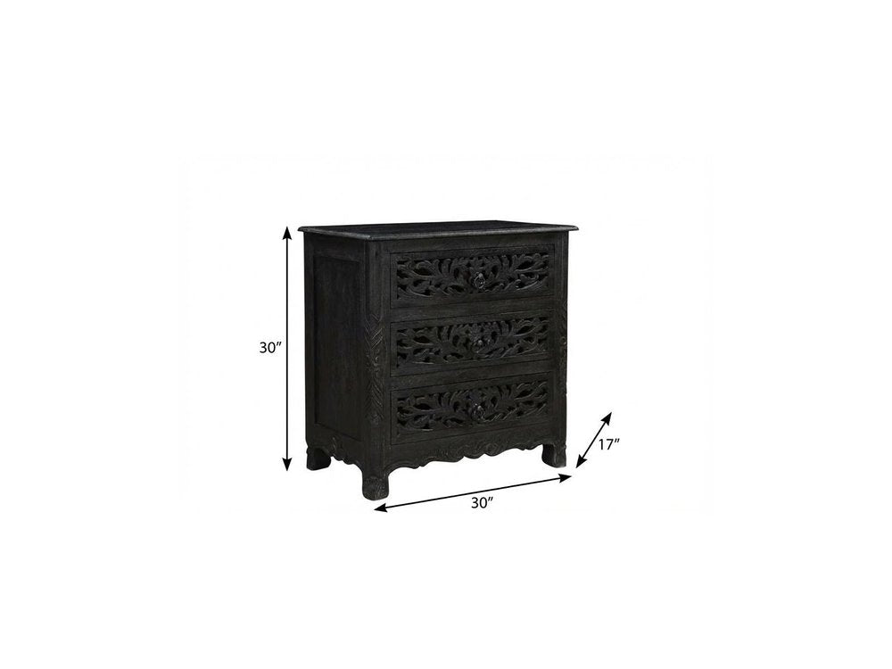 30" Black Solid Wood Distressed Three Drawer Nightstand