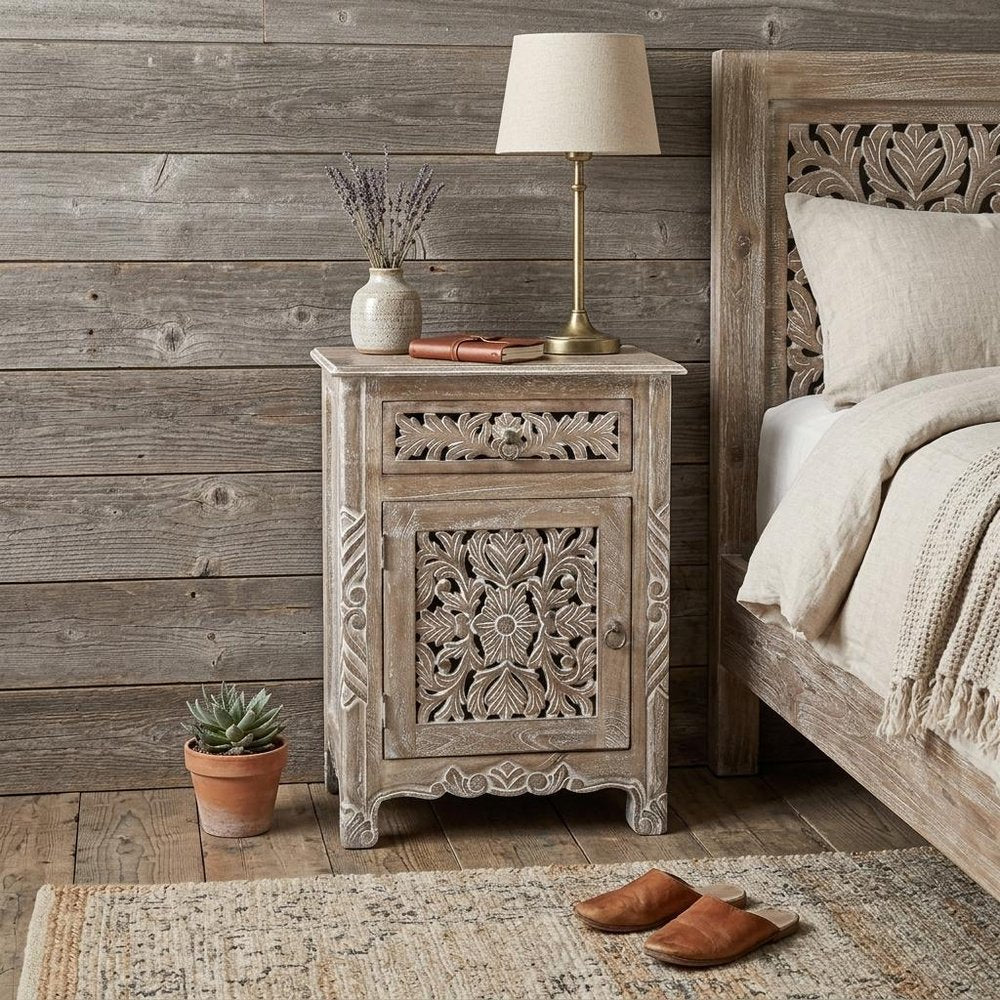 30" Gray Solid Wood Distressed One Drawer Nightstand