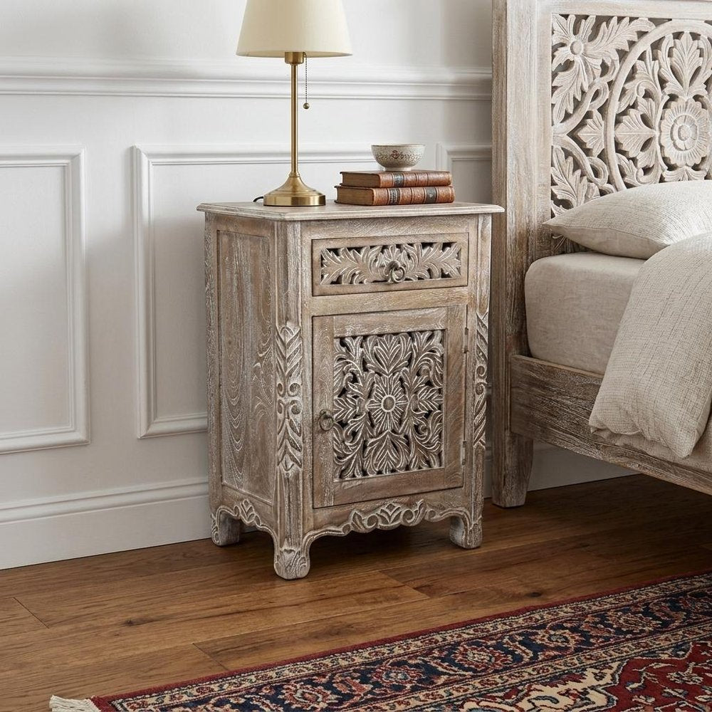 30" Gray Solid Wood Distressed One Drawer Nightstand