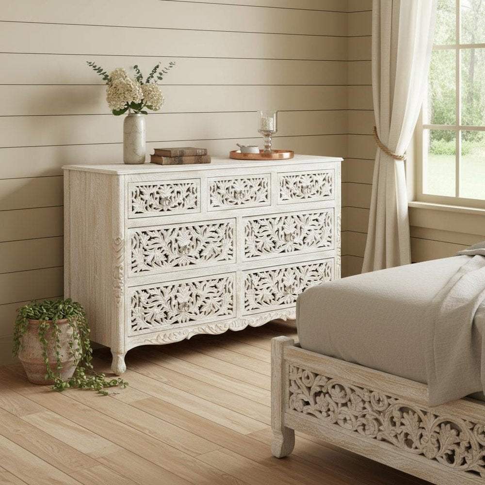 57" White Solid Wood Seven Drawer Dresser
