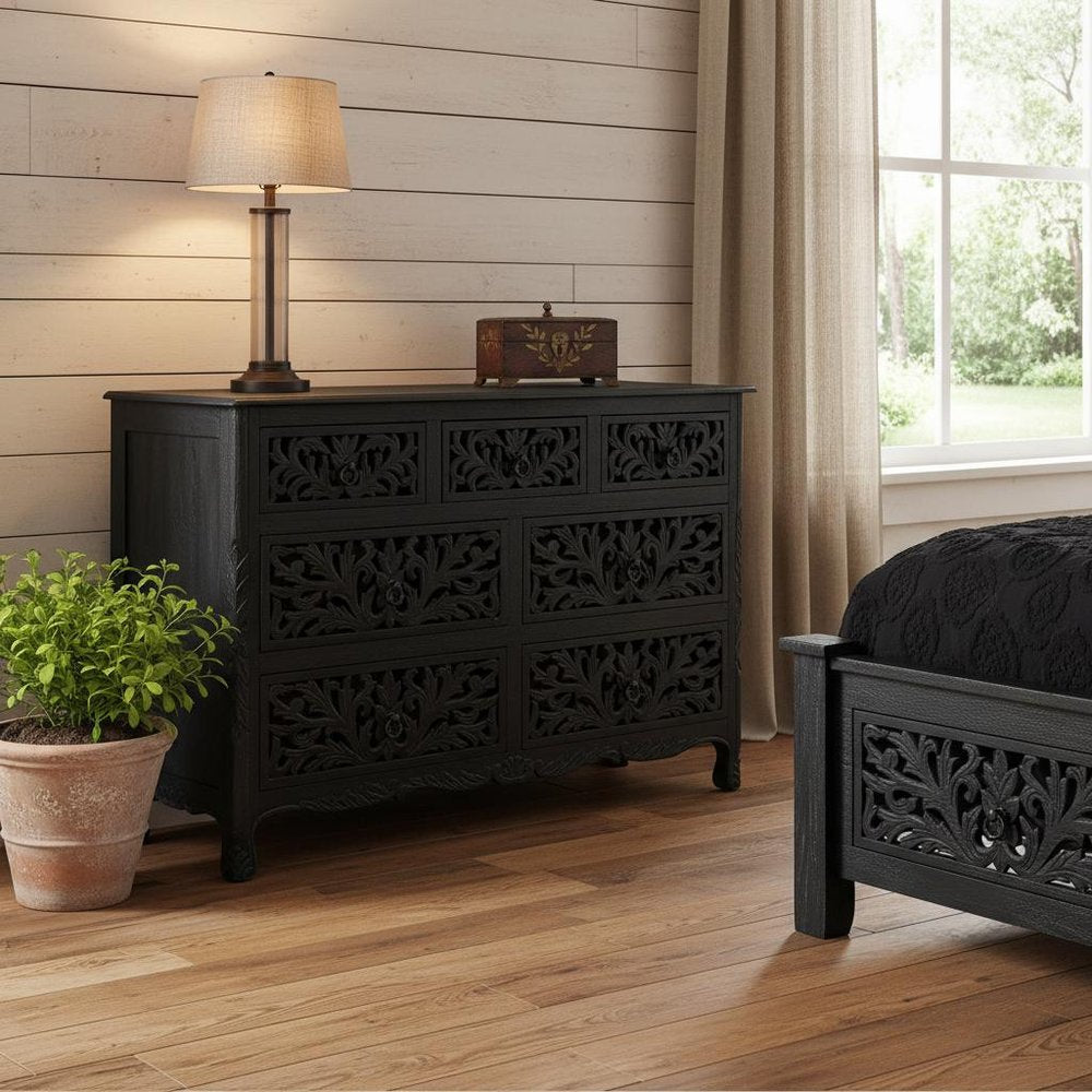 57" Black Solid Wood Seven Drawer Dresser