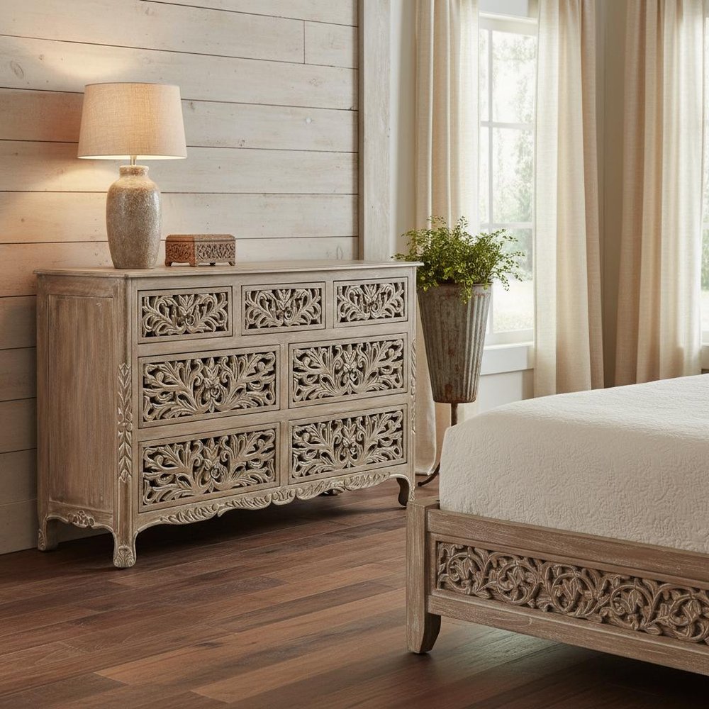 57" Gray Solid Wood Seven Drawer Dresser