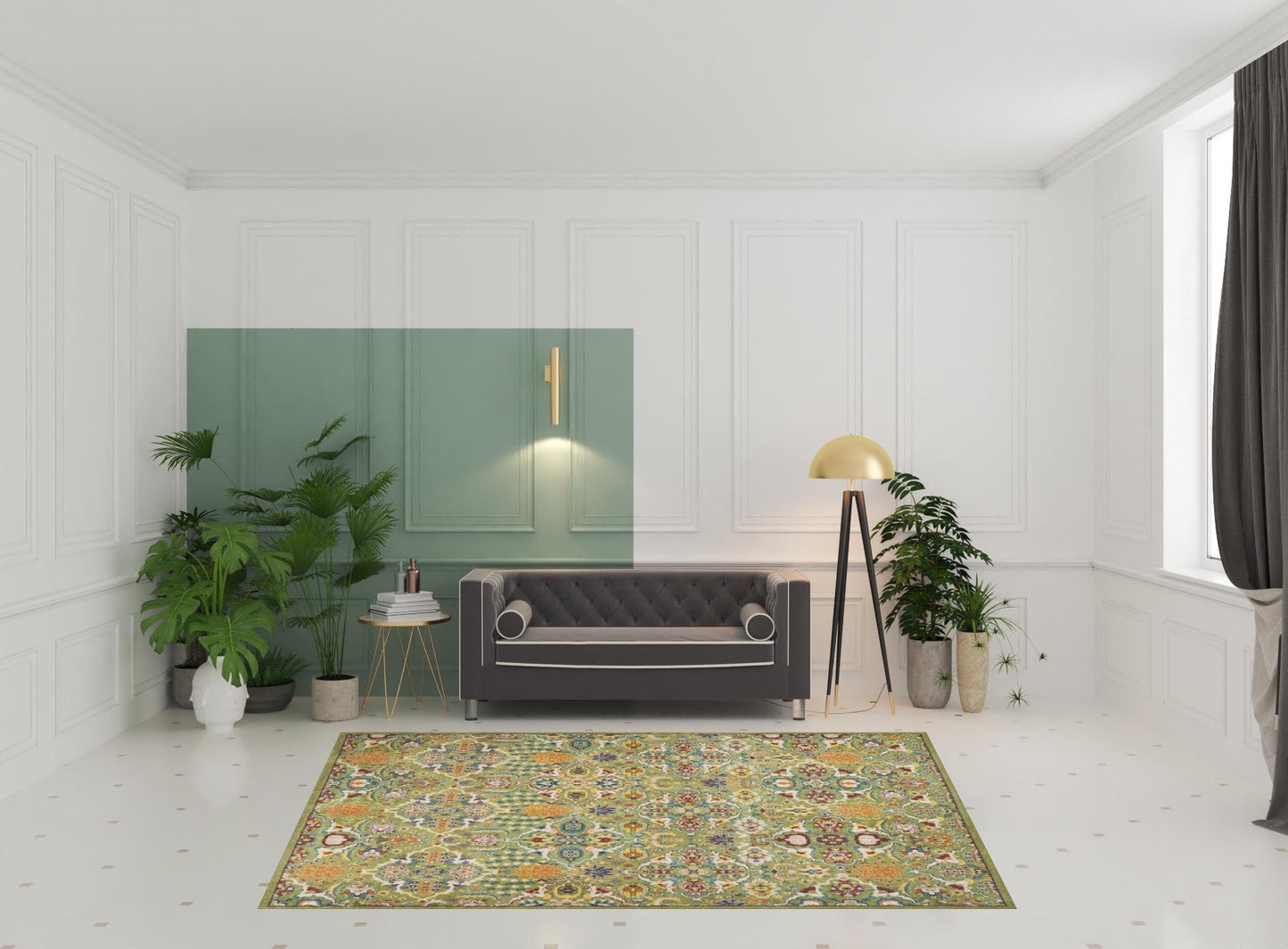 7' X 10' Green Floral Power Loom Area Rug