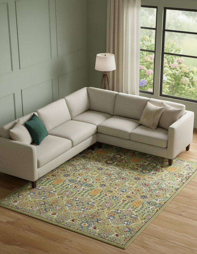 9' X 12' Green Floral Power Loom Area Rug