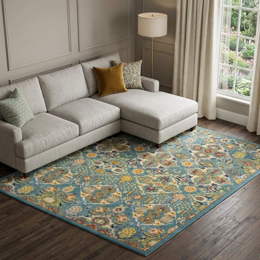 9' X 12' Teal and Gold Floral Power Loom Area Rug