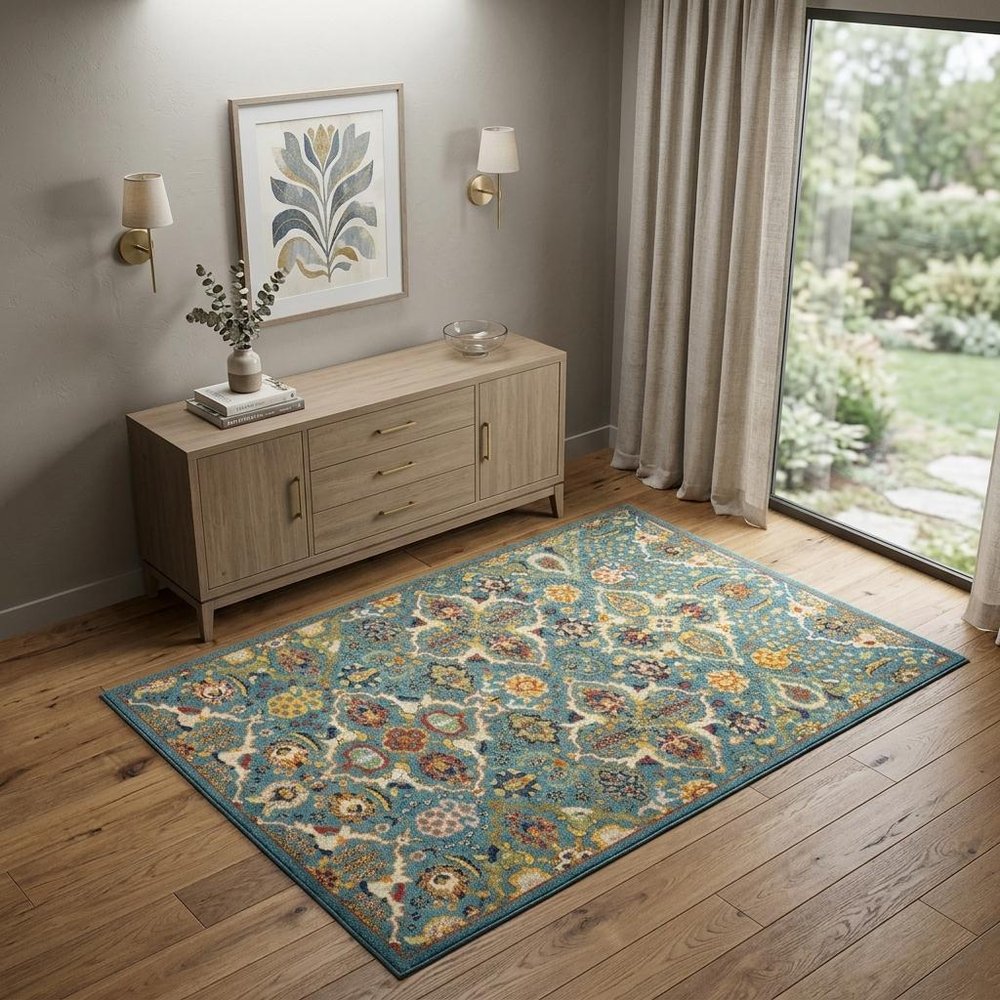 4' X 6' Blue Floral Power Loom Area Rug