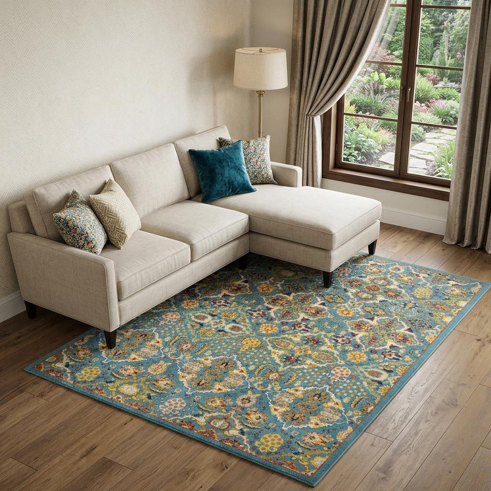 7' X 10' Blue Floral Power Loom Area Rug