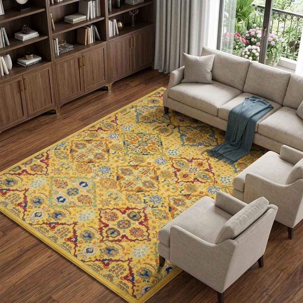 9' X 12' Yellow Floral Power Loom Area Rug