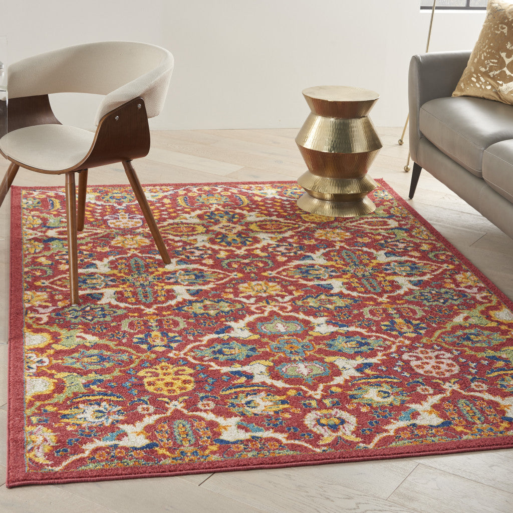 4' X 6' Red Floral Power Loom Area Rug