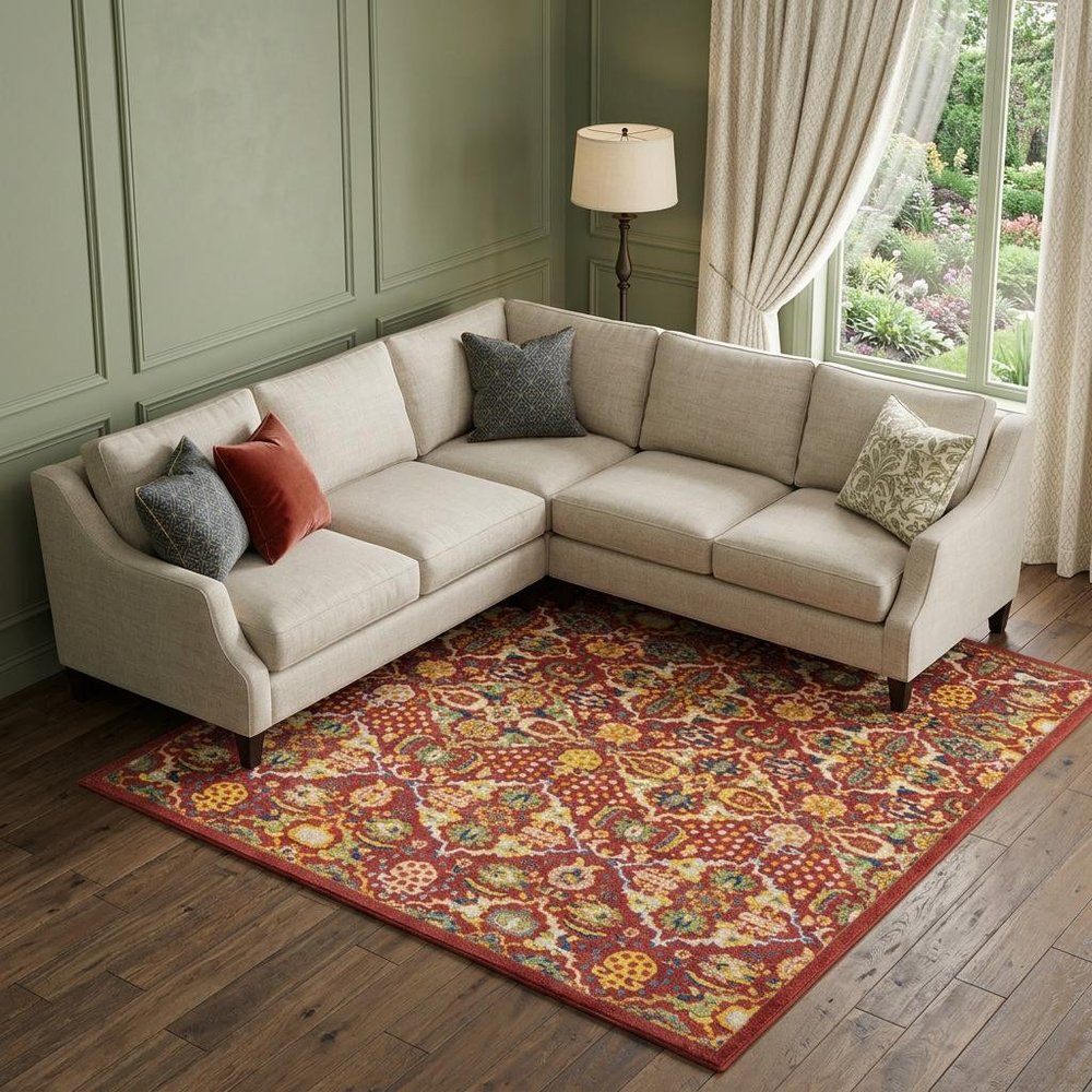 9' X 12' Red Floral Power Loom Area Rug