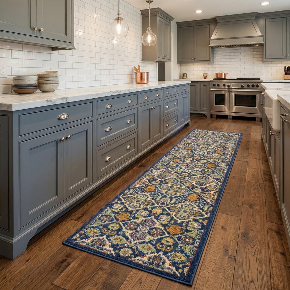 8' Blue Floral Power Loom Runner Rug