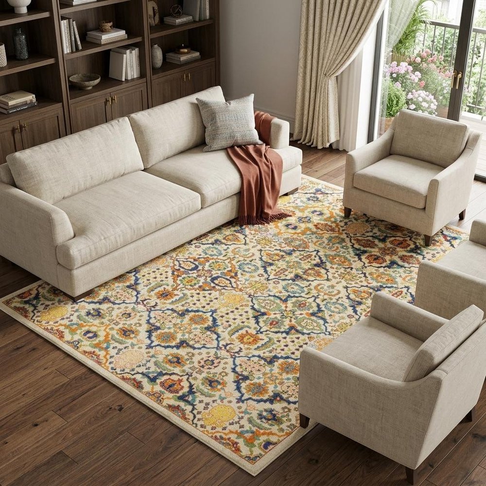 8' X 10' Ivory Floral Power Loom Area Rug