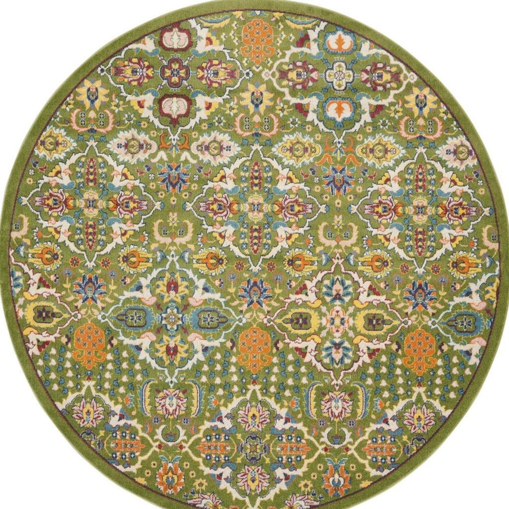 8' Green Round Floral Power Loom Area Rug