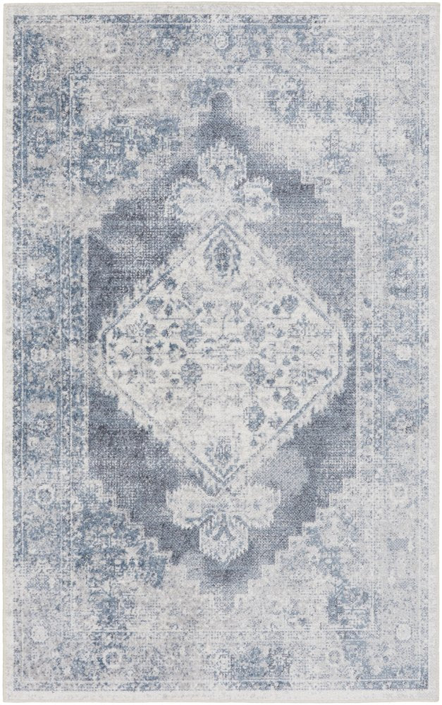 3' X 5' Blue Oriental Power Loom Distressed Washable Area Rug