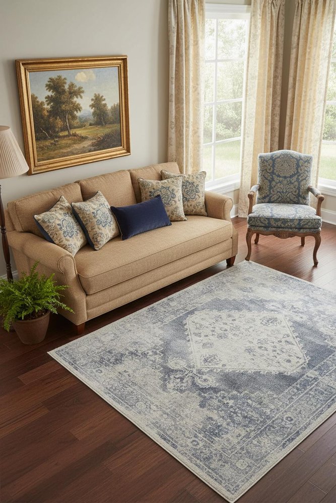 5' X 7' Blue Oriental Power Loom Distressed Washable Area Rug