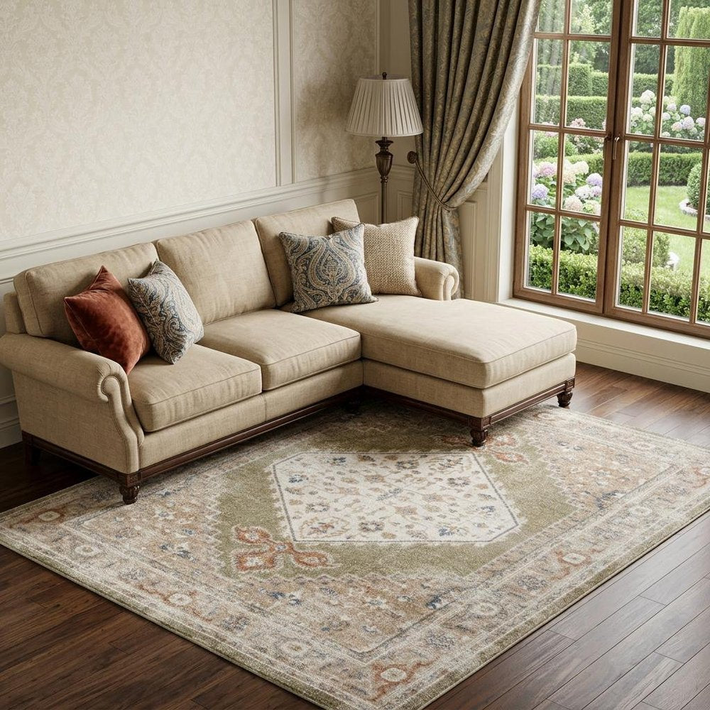 5' X 7' Sage Oriental Power Loom Distressed Washable Area Rug