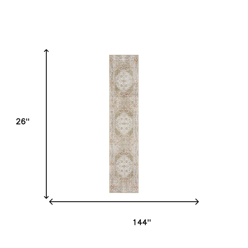 12' Sage Oriental Power Loom Distressed Washable Runner Rug
