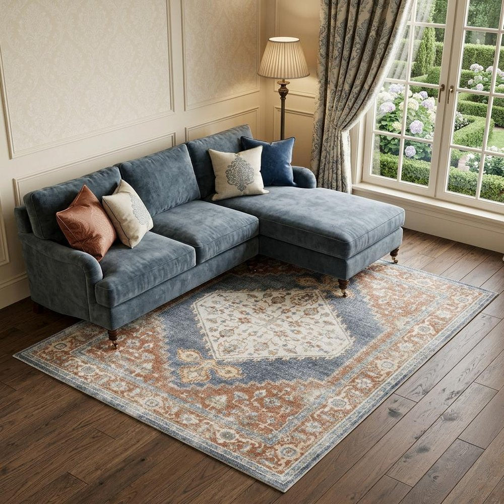 7' X 9' Denim Blue Oriental Power Loom Distressed Washable Area Rug