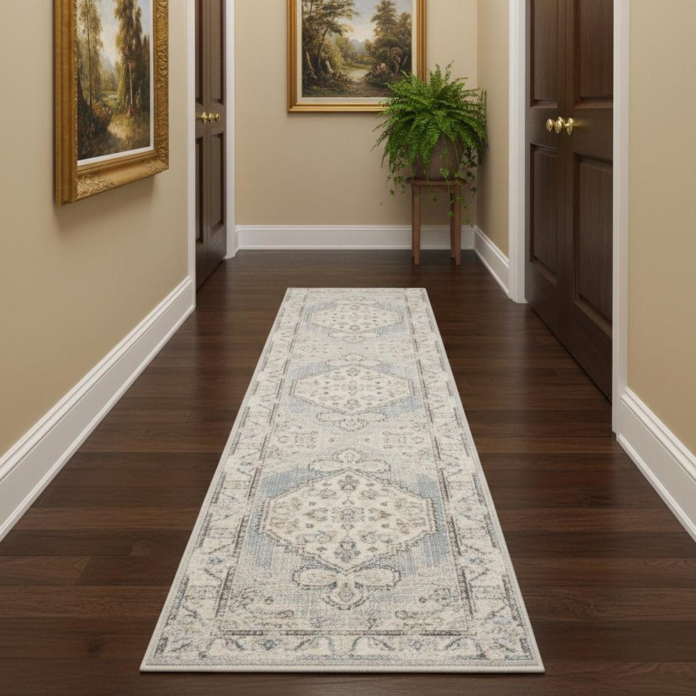 12' Light Blue Oriental Power Loom Distressed Washable Runner Rug