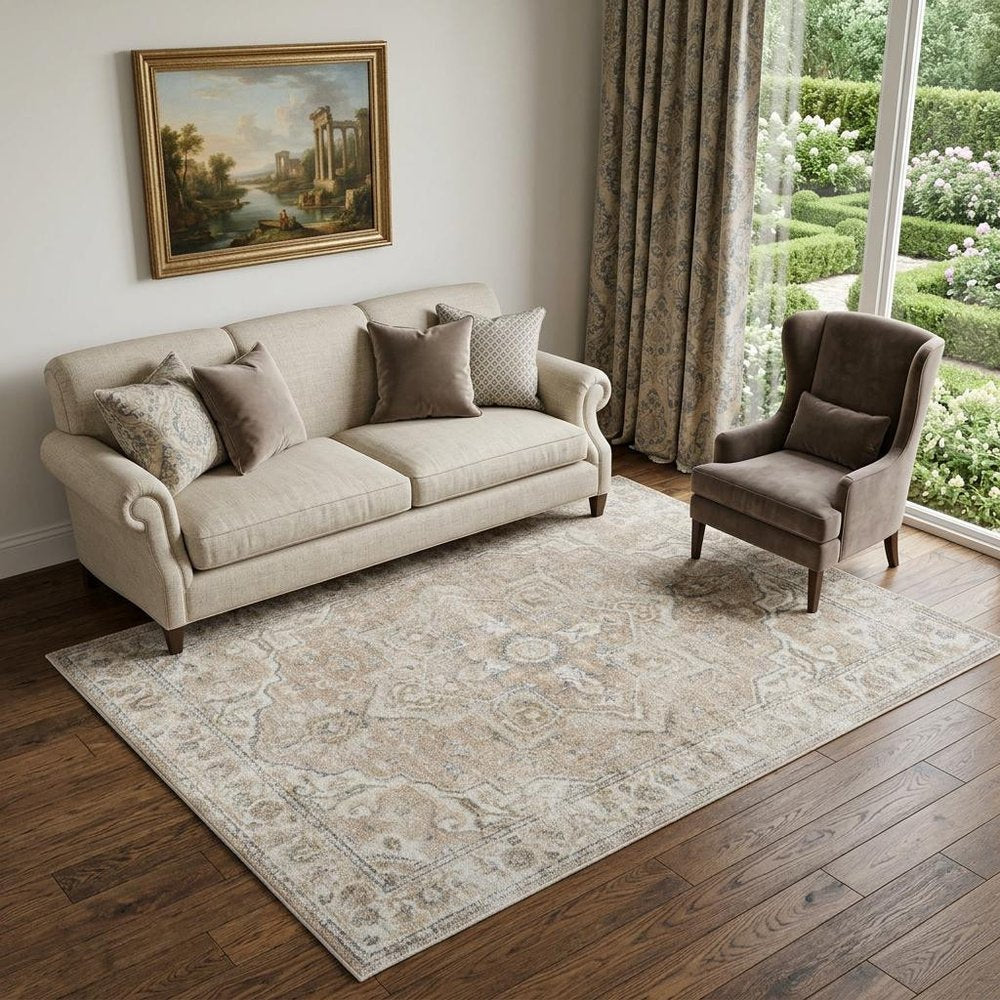 5' X 7' Beige Oriental Power Loom Washable Area Rug