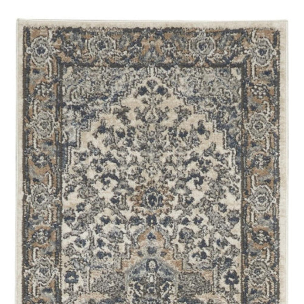 12' Gray and Ivory Medallion Power Loom Runner Rug