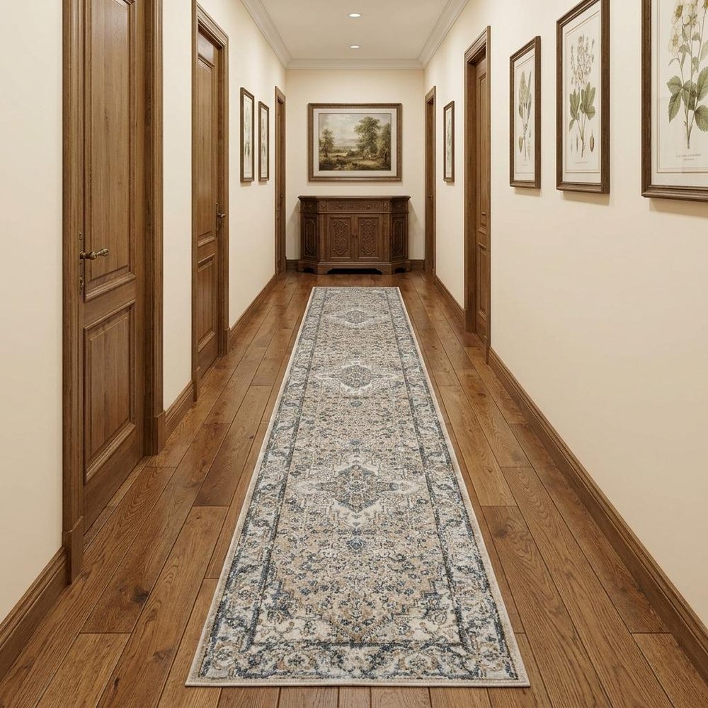 12' Gray and Ivory Medallion Power Loom Runner Rug