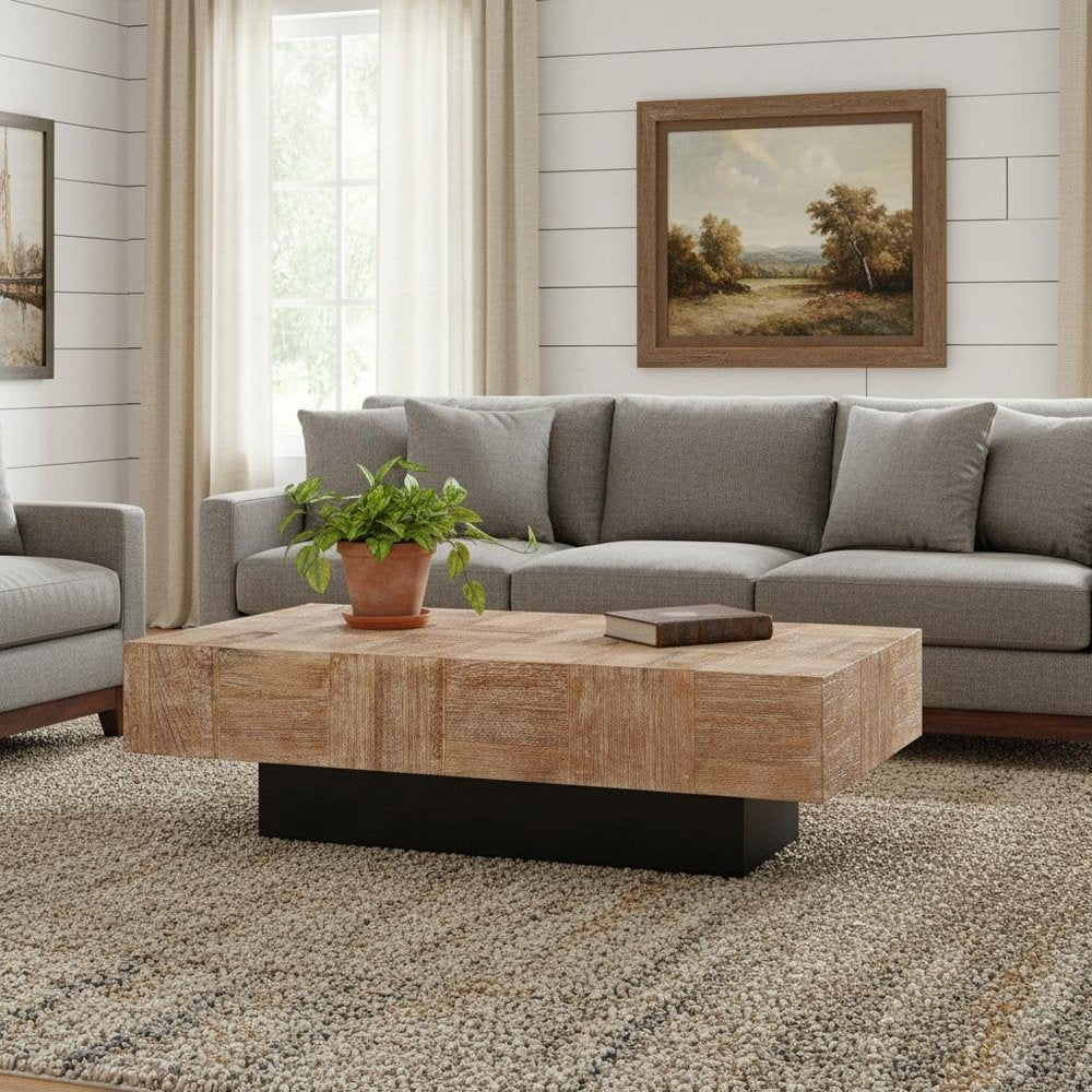 59" Natural and Black Solid Wood Block Coffee Table