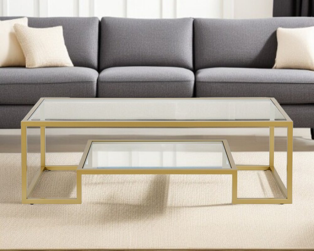 54" Clear And Gold Glass And Steel Coffee Table With Shelf