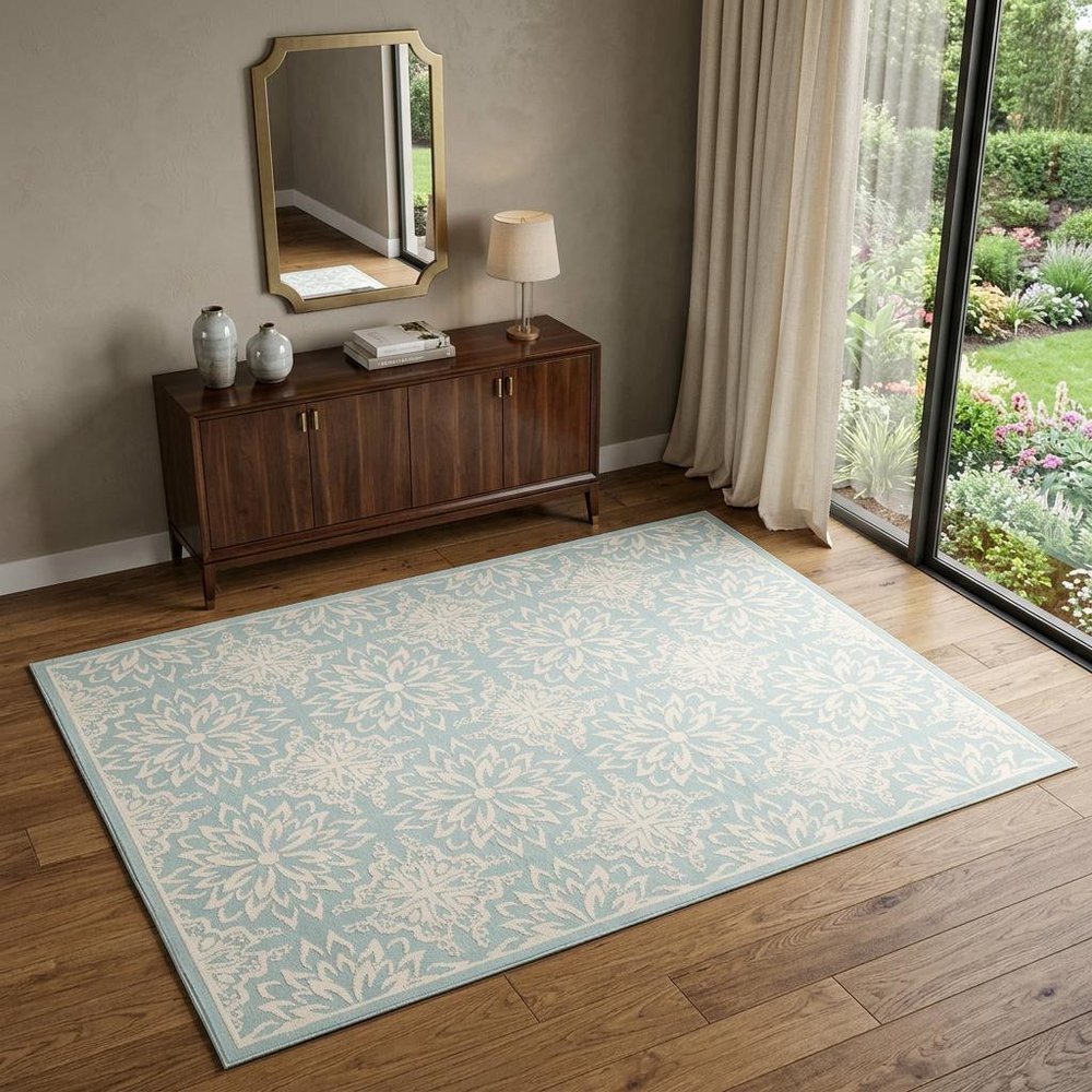 4' X 6' Aqua Floral Power Loom Area Rug