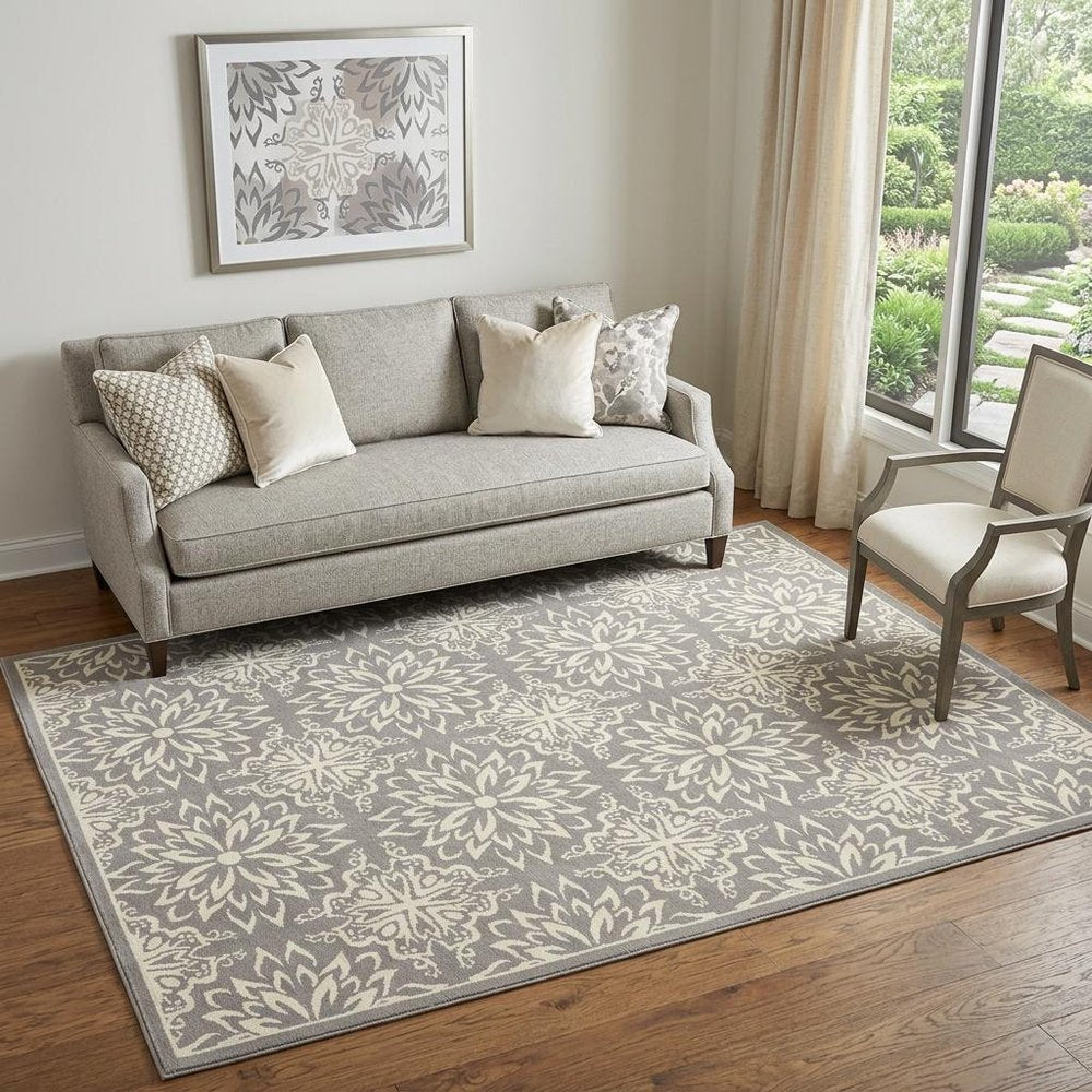 5' X 7' Gray Floral Power Loom Area Rug