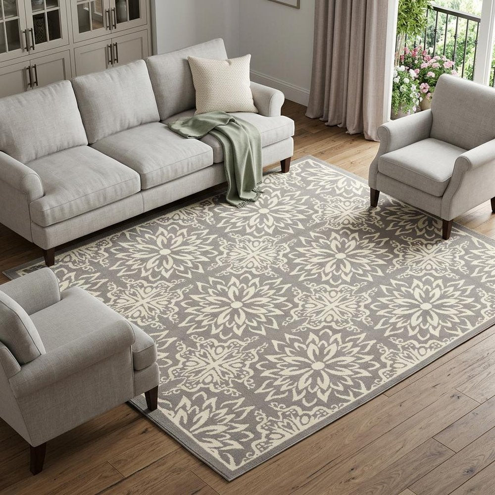 6' X 9' Gray Floral Power Loom Area Rug