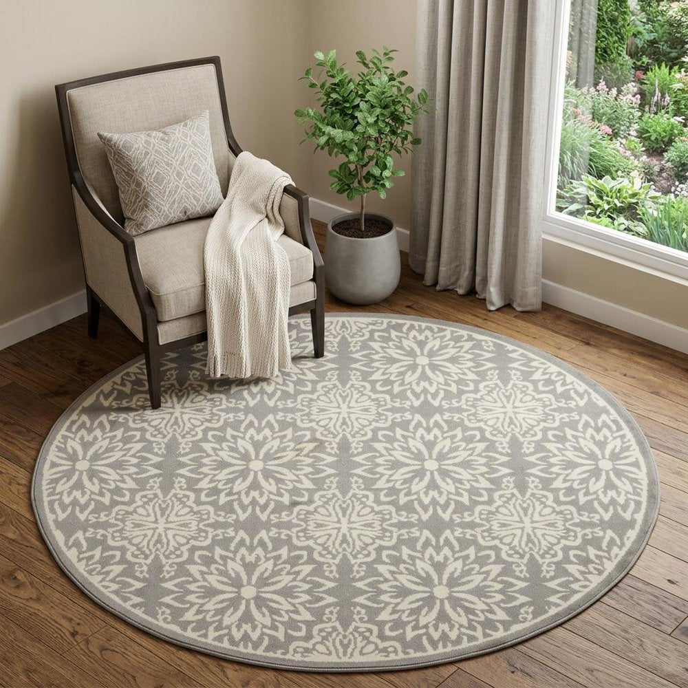 5' Gray Round Floral Power Loom Area Rug
