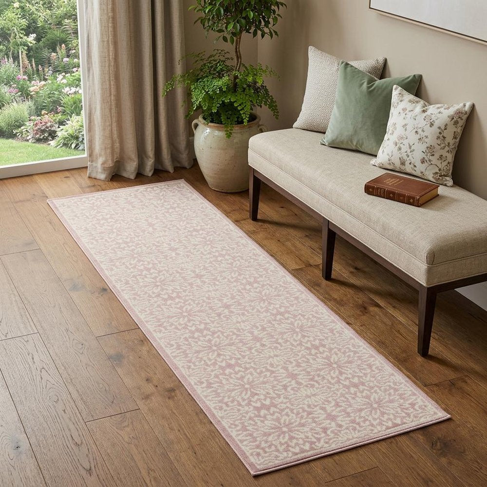 7' Pink Floral Power Loom Runner Rug