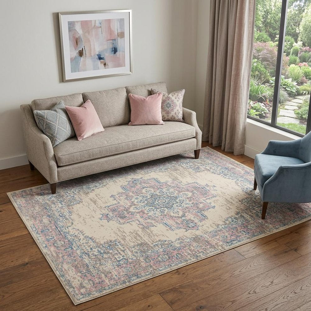 5' X 7' Pink Damask Power Loom Area Rug